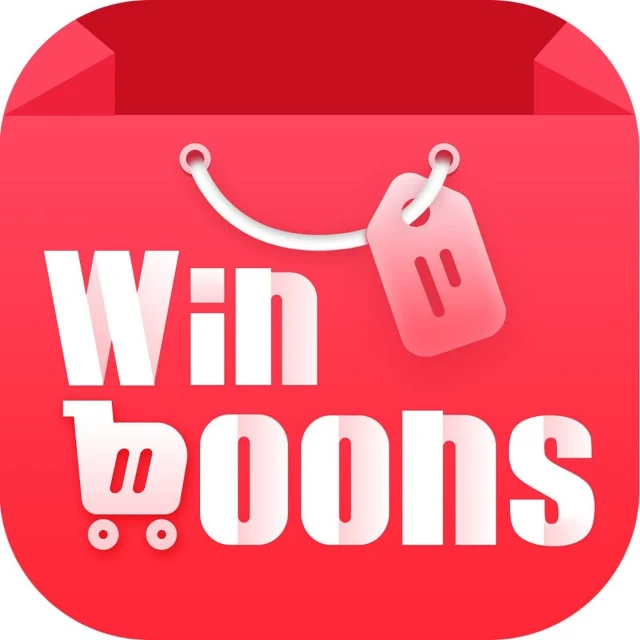 โลโก้ Winboons รูปถุงช้อปปิ้งสีแดงชมพู มีรถเข็นและป้ายราคา